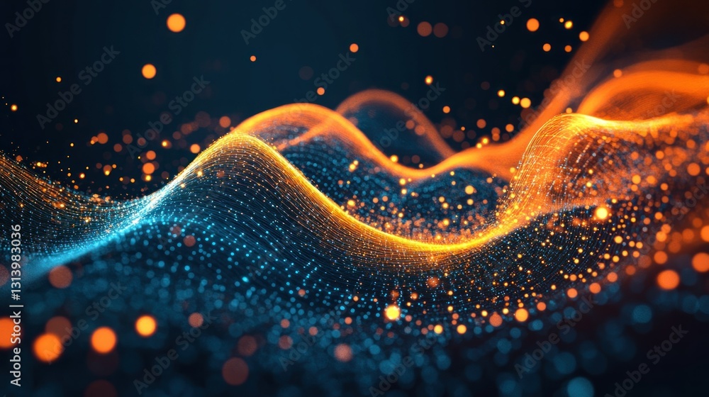 Poster abstract flowing forms with glowing particles against dark background