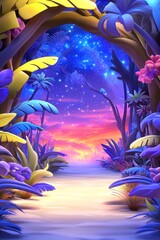Fototapeta na wymiar Forest path glows at twilight, colorful flora frames starry sky. Dreamy aesthetic, vivid scene