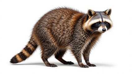 Realistic Raccoon Standing on White Background Showcasing Its Natural Curiosity and Detail