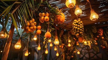 Naklejka premium High resolution photo of Jewish Sukkot celebration featuring a beautifully decorated Sukkah with hanging fruits woven palm fronds and warm candlelight