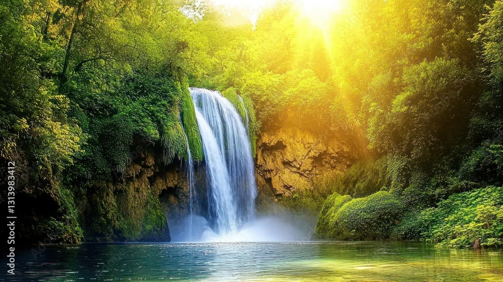 Poster sunlit waterfall cascading into a tranquil pool surrounded by lush greenery.