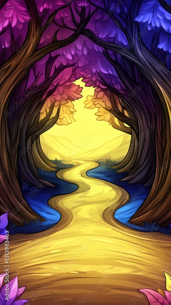 Poster forest path illuminated by a bright, golden light. trees with colorful leaves arch overhead in the b