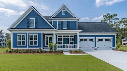 Obraz premium Suburban Home with Blue Siding and White Porch
