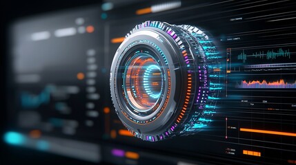 Obraz premium media management dashboard, dynamic graphical user interface, vibrant data organization, modern and clean workflow, glowing futuristic icons, high-tech displays, sharp details, digital workspace