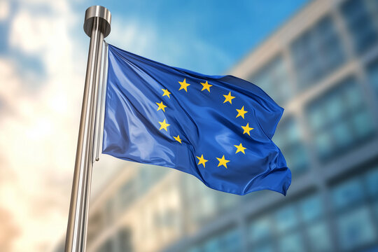 Flagge der Europ&auml;schen Union whet vor B&uuml;rogeb&auml;ude, im Hintergrund blauer Himmel, erstellt mit generativer KI