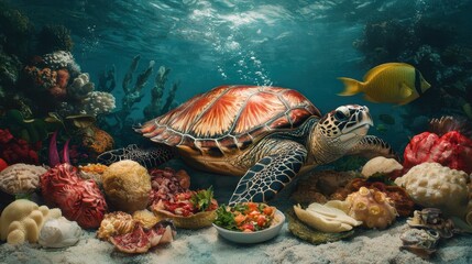 Fototapeta premium Sea Turtle Surrounded by Colorful Coral and Diverse Seafood Platter