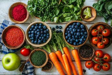 A flat lay arrangement of various fresh fruits, vegetables, and berries like carrots, spinach, tomatoes, red apples, and blueberries on a white wooden plank, with some space left over