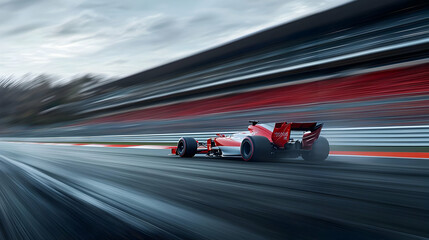 Red Formula One Race Car Speeding on Wet Track with Motion Blur on a Cloudy Day