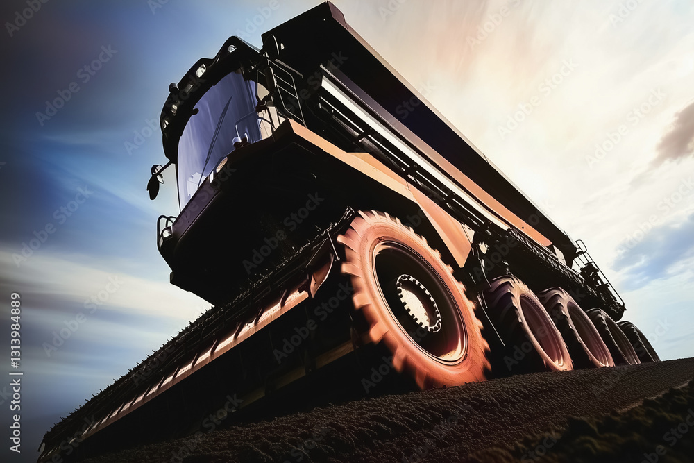 Poster under a sprawling sky, a towering combine harvester efficiently gathers sugar beets from a green fie