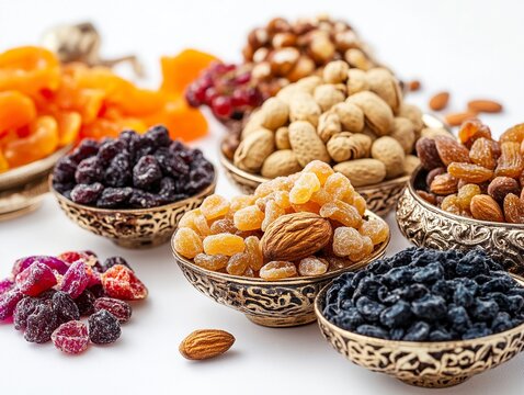 Happy Osian Jewish holiday style, with dried fruits and nuts on a white background with text in Hebrew, Yiddish and English. Shabbat, Jewish and Artistic composition with short and sharp shadows. 