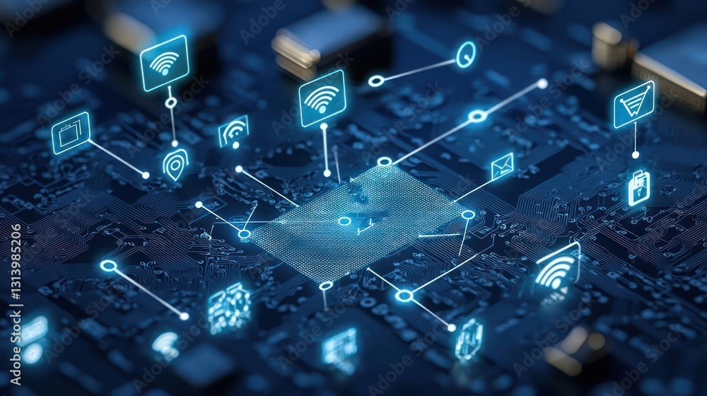 Poster abstract digital circuit board with glowing icons showing wireless network connections