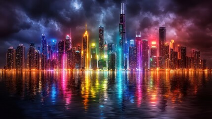 Fototapeta premium Vibrant Cityscape at Night: A Colorful Reflection