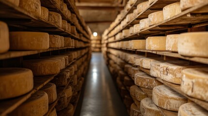 Aged Cheese Wheels on Shelves: A Gourmet Food Storage. Dairy Product Aging in Warehouse. Traditional Food Production, Rustic Interior, Delicious Nutrition, Healthy Organic.