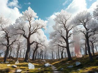 Dreamy White Forest Landscape Trees, Sky, Path, Nature, Sunlight, Serene Scene, Beauty.