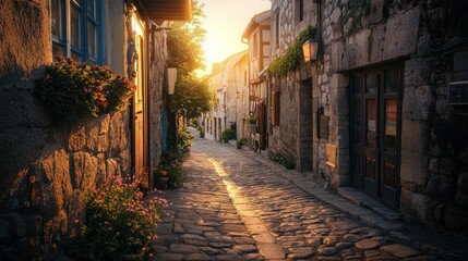 Fototapeta premium Sunlit cobblestone street in historic European village.