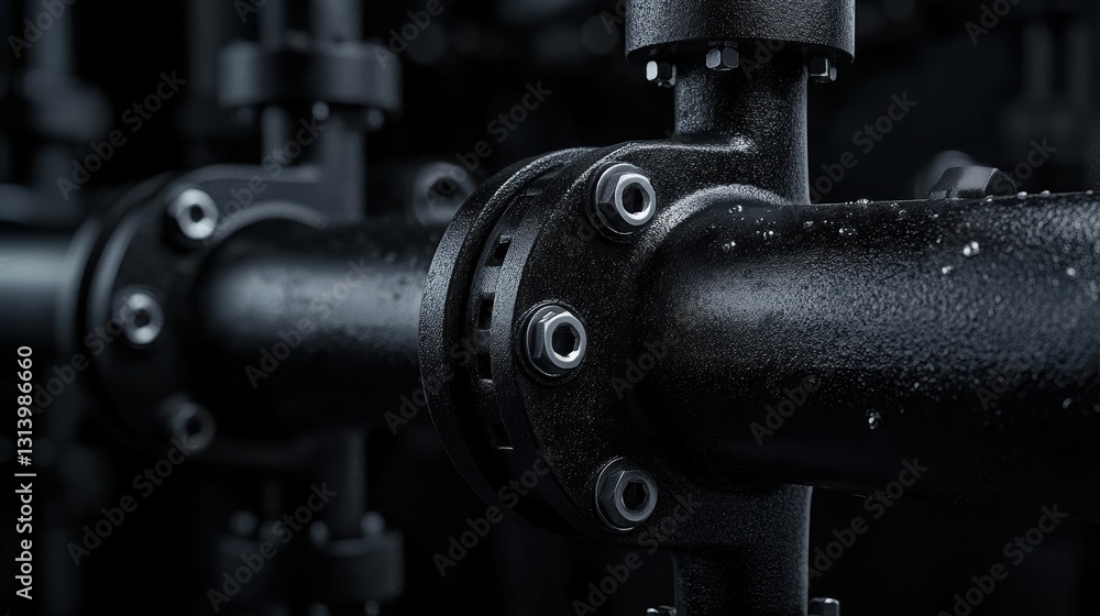 Aufkleber close-up view showcasing intricate details of a pipe joint with moisture droplets generative ai