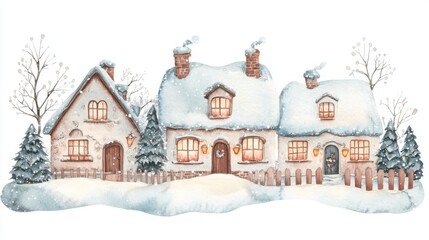 A charming winter scene featuring snow-covered houses with warm lights, surrounded by trees, evoking a cozy and festive atmosphere.