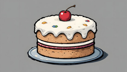 A cute, small birthday cake with white frosting and a single cherry on top, drawn in a comic style