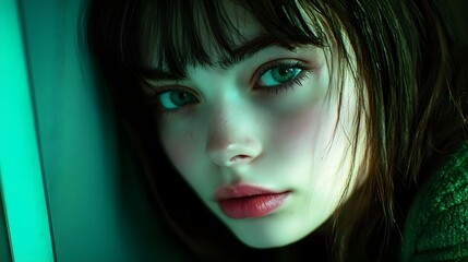 Fototapeta premium Portrait of a young woman with striking green eyes, illuminated by soft teal light in a serene setting