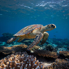 A Hawksbill Sea Turtle swimming