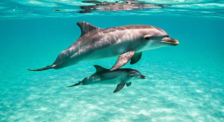 Fototapeta premium A Bottlenose Dolphin Mother Gently Guiding Her Calf Through Shallow Turquoise Waters 