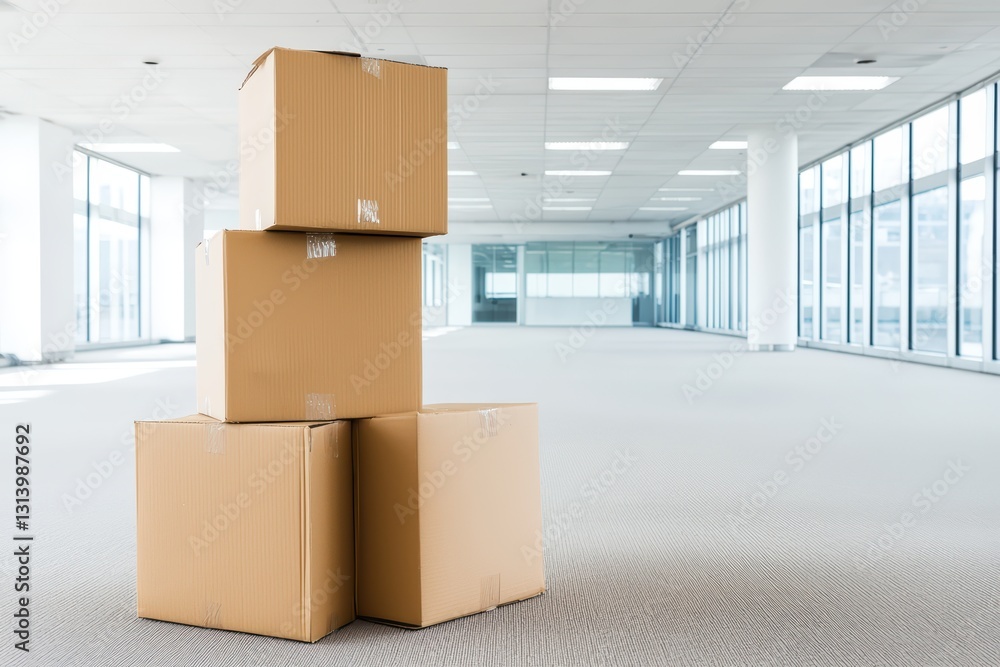 Poster empty creative office space with boxes symbolizing recession and transition in business environment