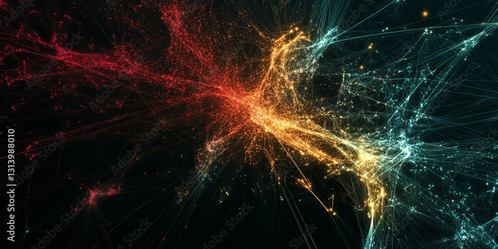 Poster dynamic abstract digital network visualization with vibrant colors and patterns