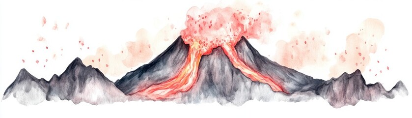 A vibrant watercolor depiction of a volcano erupting, with flowing lava and ash clouds, set against a mountainous landscape.