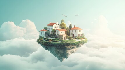 Obraz premium Dreamy Floating Island Houses in the Clouds: A Serene Escape Above the World