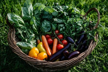 Freshly gathered organic vegetables from the garden are placed in a basket