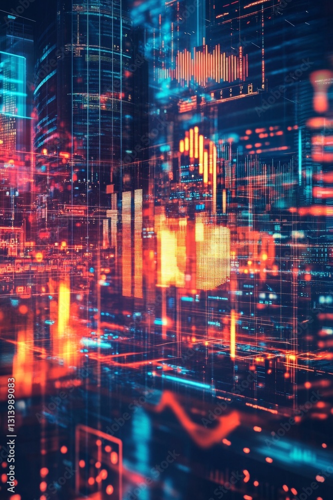 Poster abstract digital cityscape with dynamic lights and data visualizations at night