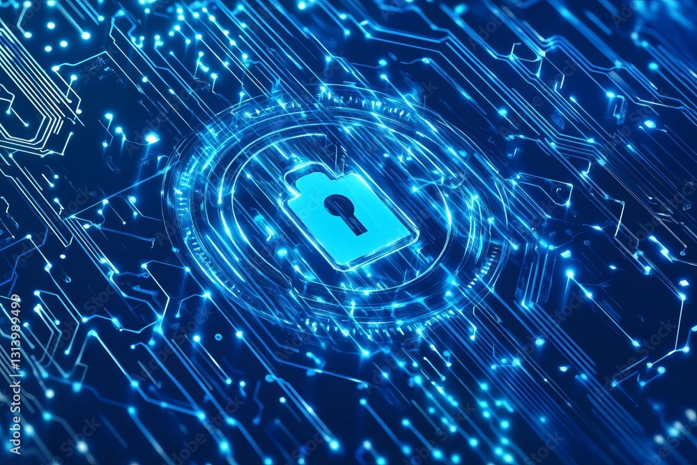 Poster a vibrant abstract image featuring a digital lock symbol over a blue circuit background, representin