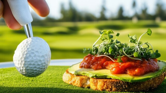 A golf ball and an appetizer displayed on a green surface