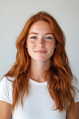 Naklejka premium Portrait of a young woman with long, wavy red hair, fair skin, and freckles, standing against a plain white background. 