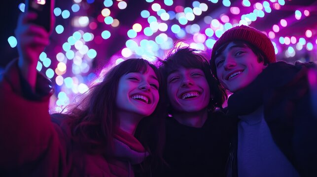 Teenagers taking selfies together, laughing under a string of festival lights
