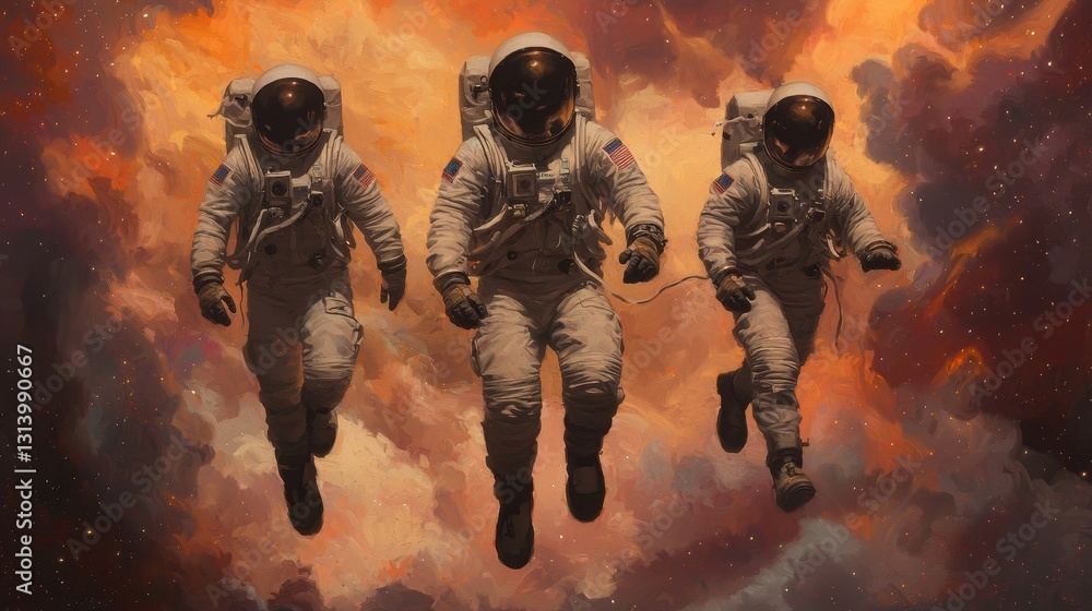 Poster three astronauts floating in space against a colorful nebula background
