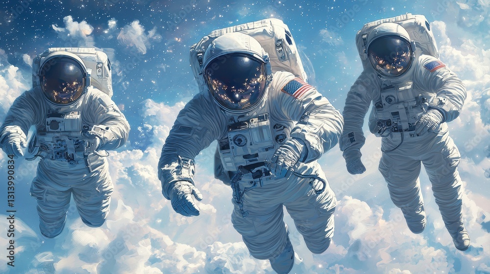 Poster astronauts floating in space with starry background and clouds