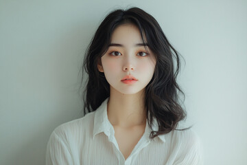 Portrait of a young woman with long black hair wearing a white shirt girl face eyes skin look pose