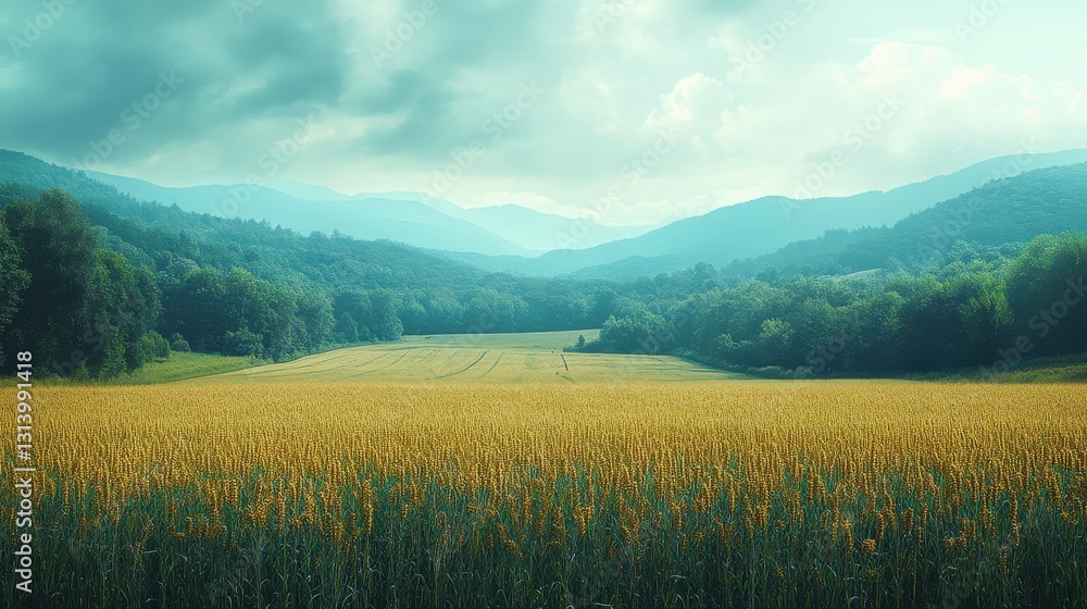 Poster serene golden field under a cloudy sky with distant mountains and lush greenery in the background
