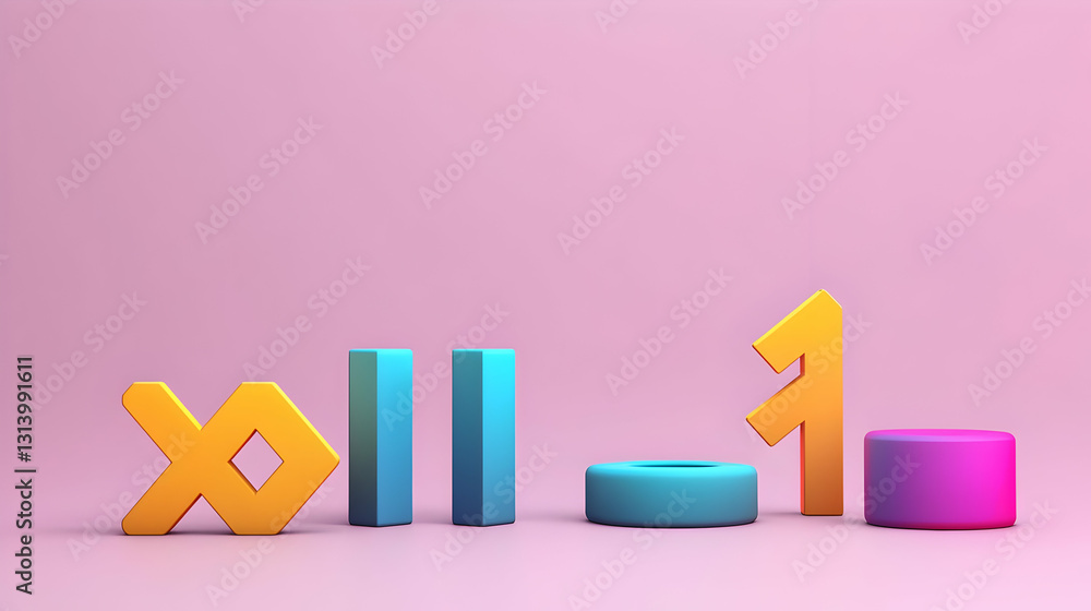 Poster 3d render of vibrant geometric shapes on a pastel pink background with gradient cylinders and podium