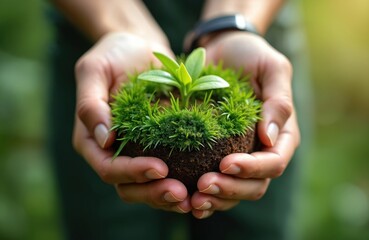 Close-up of woman holding small sprout with green moss in soil. Concept of environmental protection, eco awareness, new life, responsible care, sustainability and organic growth in nature.