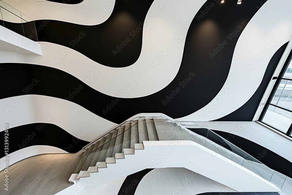 Poster modern architecture's stairway, set against an abstract building backdrop
