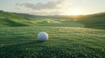 Golf ball on green fairway at sunrise (1)