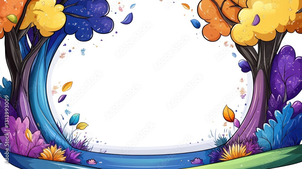 Poster Frame of colorful trees bordering a river. Background is blank for adding text or an image