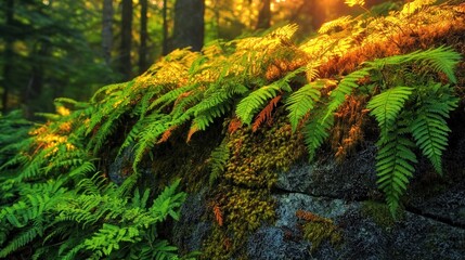 Sunlit ferns and moss on a forest rock.