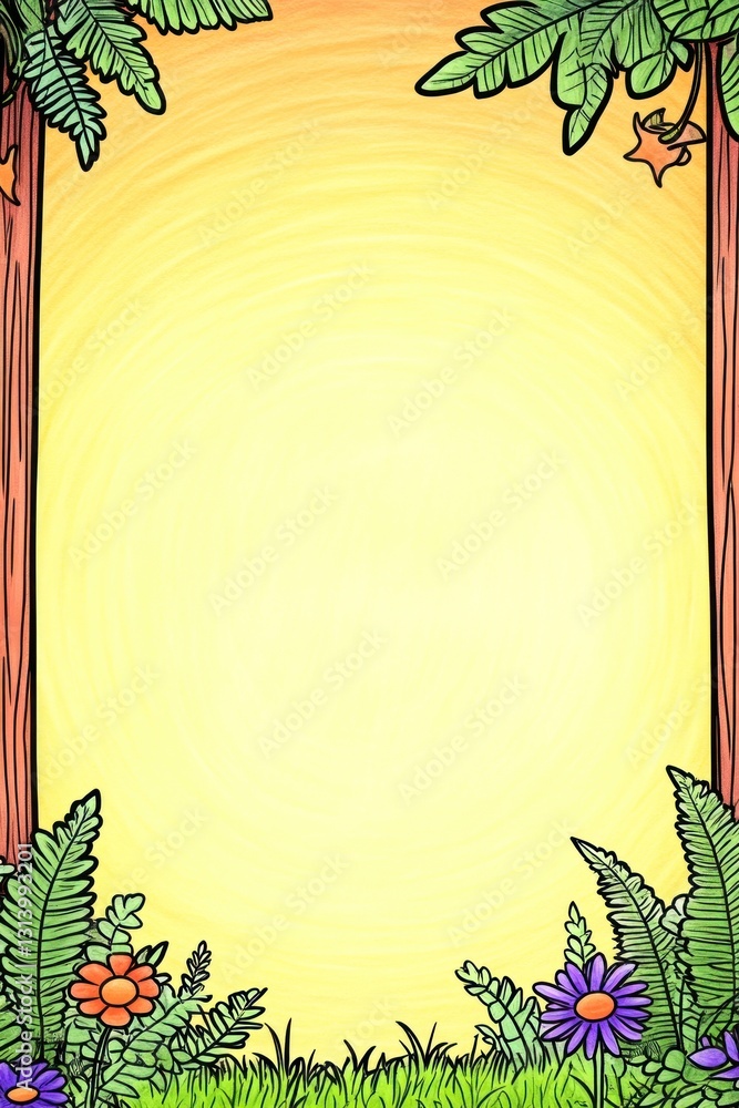 Poster frame of flowers, ferns, and tree trunks with a sunlit yellow background for copy or text
