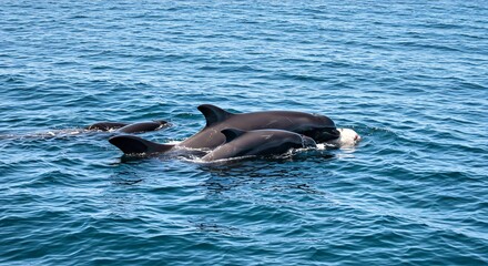Fototapeta premium A Female Pilot Whale Carrying Her Deceased Calf Near the Surface of the Ocean