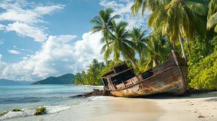 Fototapeta premium Tropical island with an old pirate shipwreck resting on the beach, overgrown with palm trees
