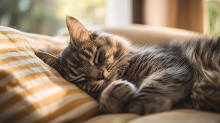 Serene Slumber: A Captivating Portrait of a Sleeping Cat on a Striped Pillow, Embracing Comfort and Peace in a Moment of Tranquil Rest