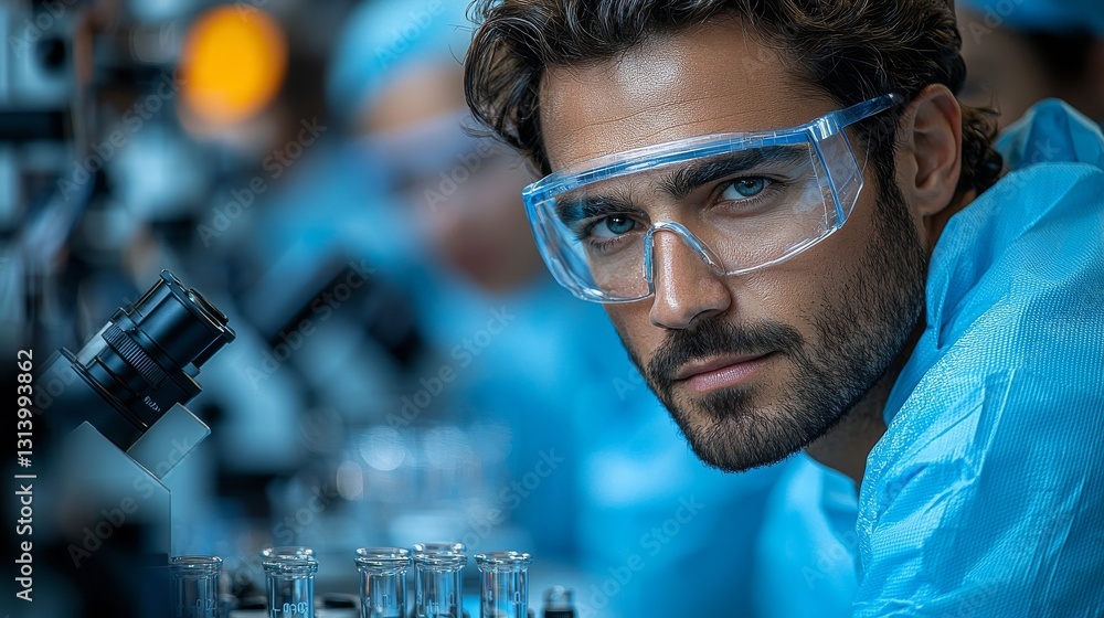 Poster a team of biochemical research scientists utilize a microscope while working on coronavirus vaccine 